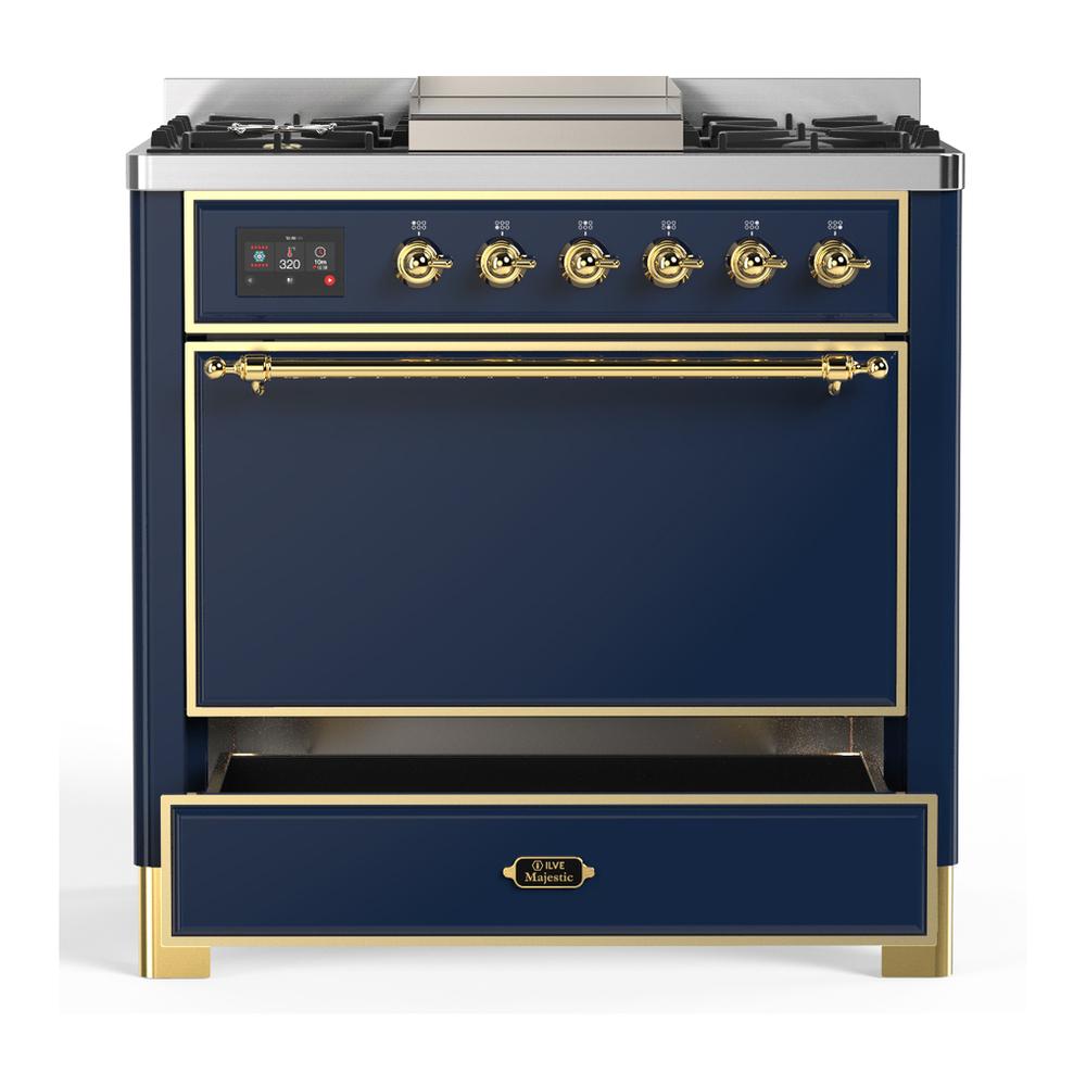 ILVE UM36FQNR3MBG Majestic III 36 inch Dual Fuel Range with 6 Black Brass Burners and Griddle, Dual Function Burner up to 25,000 BTU (Solid Door, Midnight Blue, Brass, Natural Gas)