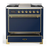 ILVE UM36FQNR3MBG Majestic III 36 inch Dual Fuel Range with 6 Black Brass Burners and Griddle, Dual Function Burner up to 25,000 BTU (Solid Door, Midnight Blue, Brass, Natural Gas)