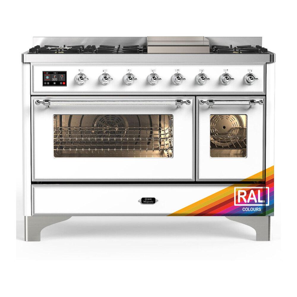 ILVE UM48FNR3RACLP Majestic III 48 inch Dual Fuel Range with 8 Burners and Griddle, Dual Function Burner up to 25,000 BTU (Liquid Propane, Triple Glass Door, RAL, Chrome)