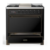 ILVE UM36FQNR3BKB Majestic III 36 inch Dual Fuel Range with 6 Black Brass Burners and Griddle, Dual Function Burner up to 25,000 BTU (Solid Door, Glossy Black, Burnished, Natural Gas)