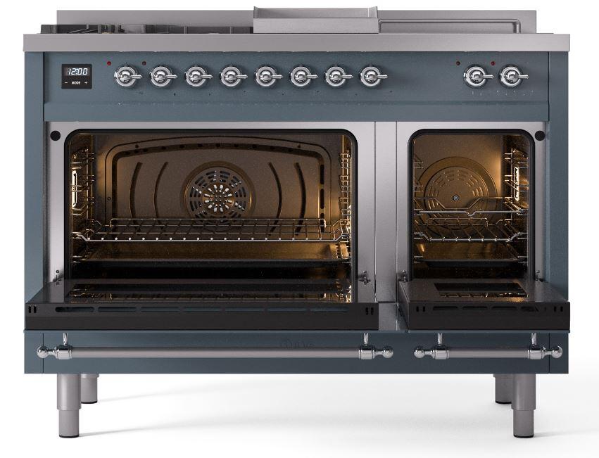 Nostalgie II 48 Inch Dual Fuel Liquid Propane Freestanding Range in Blue Grey with Chrome Trim
