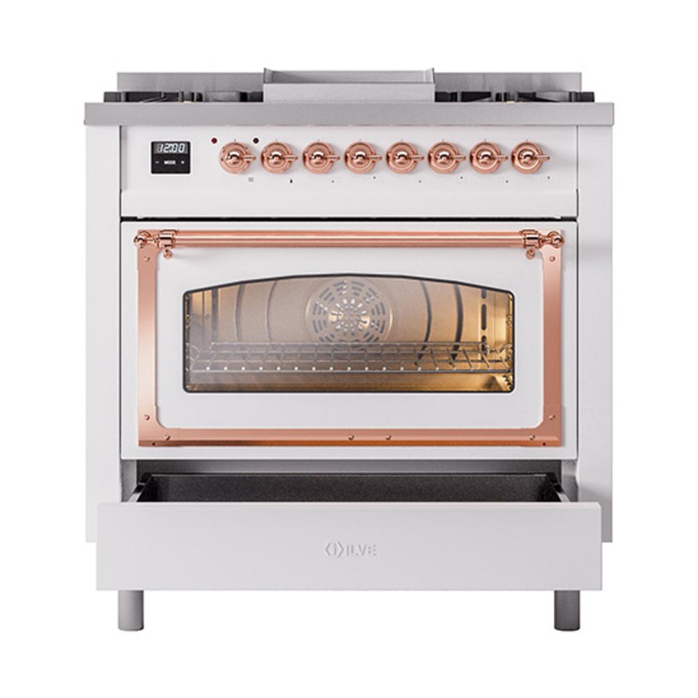 ILVE UN36FNMPWHPLP Nostalgie II Noblesse 36 inch Dual Fuel Range (Liquid Propane, Triple Glass Door, White, Copper)