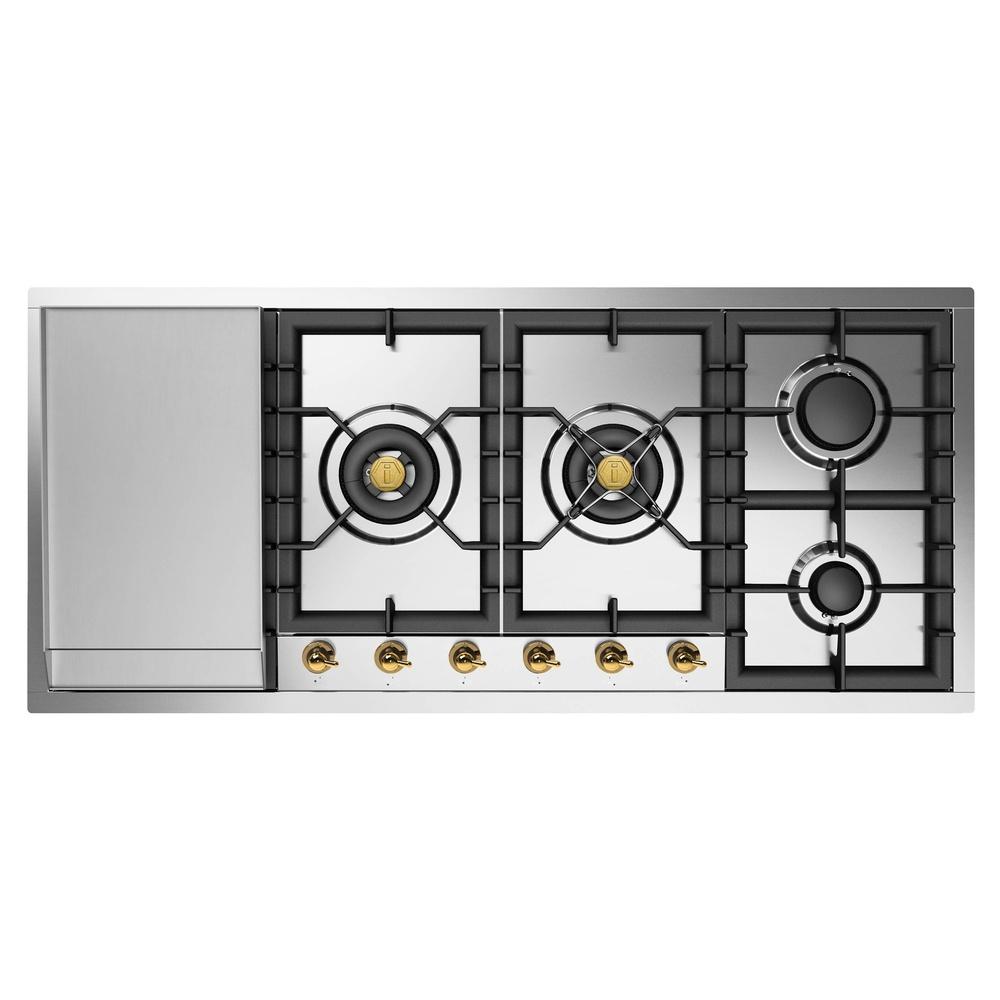 ILVE UHCPT125FNSSG Nostalgie II 48 inch Built-In Gas Cooktop with Total Black Brass Burners, in Stainless Steel (6 Sealed Burners + Left Griddle, Natural Gas)