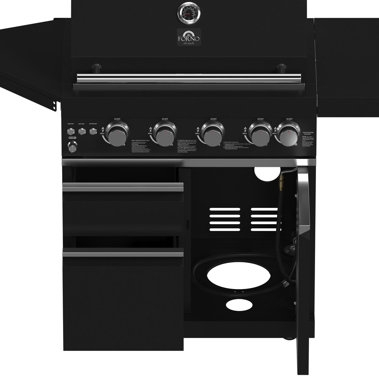 Forno All Aperto 62,600 BTU BBQ, 3 Stainless Steel Burners, Infrared Burners, Sink Module, Black Sintered Stone Countertops, Bar and Beverage Center
