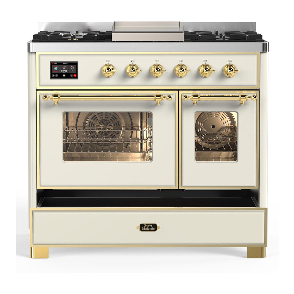 ILVE UMD40FNR3AWG Majestic III 40 inch Dual Fuel Range with 6 Burners and Griddle, Dual Function Burner up to 25,000 BTU (Natural Gas, Triple Glass Door, Antique White, Brass)
