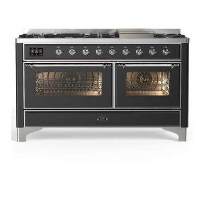 ILVE UM60FNR3MGC Majestic III 60 inch Dual Fuel Range with 9 Burners and Griddle, Dual Function Burner up to 25,000 BTU (Natural Gas, Triple Glass Door, Graphite Matte, Chrome)