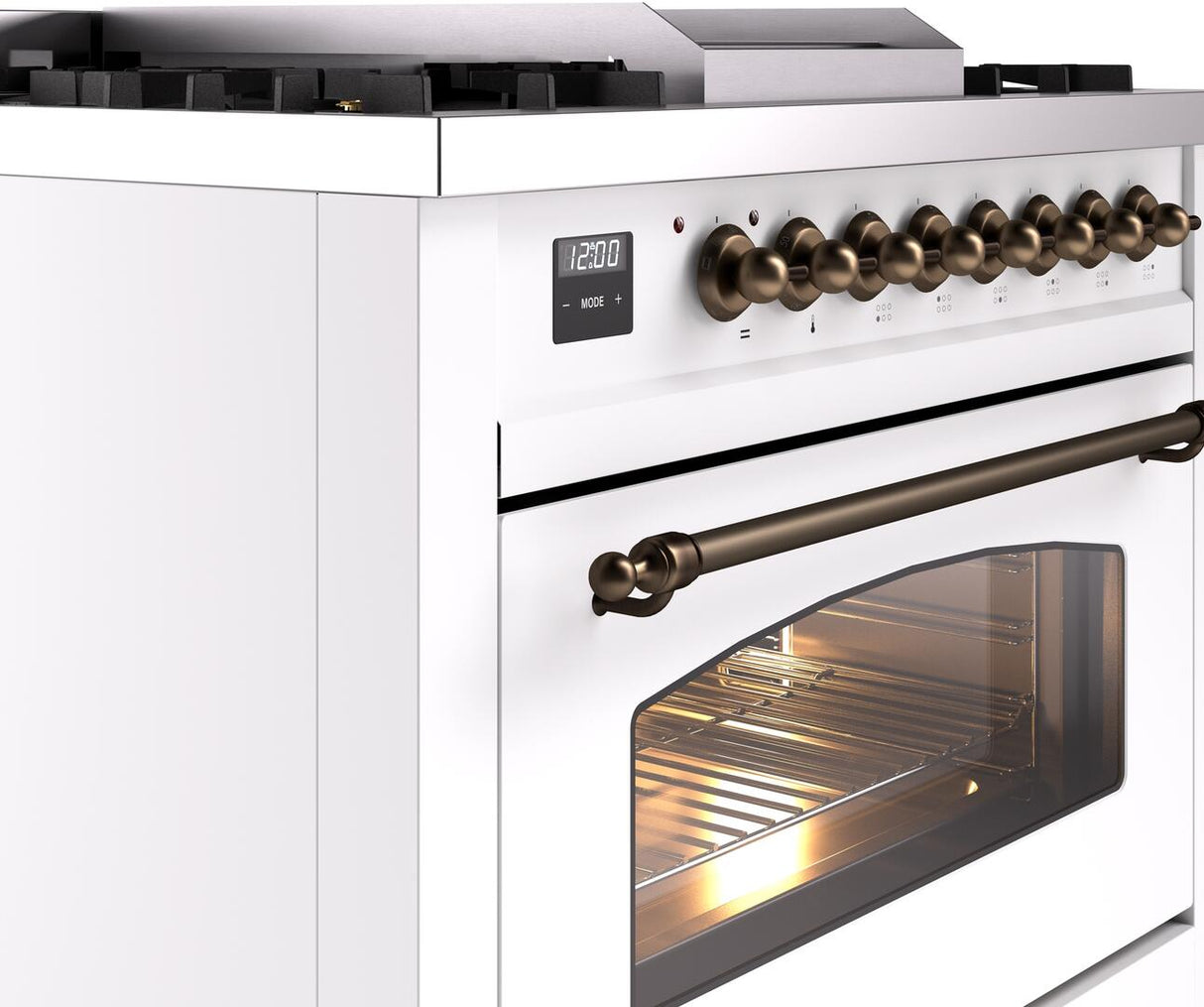 Nostalgie II 36 Inch Dual Fuel Liquid Propane Freestanding Range in White with Bronze Trim