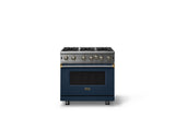 36"W. Open Burner Gas Range (Finish: Slate Blue, Trim: Brushed Brass, Fuel: Natural Gas)
