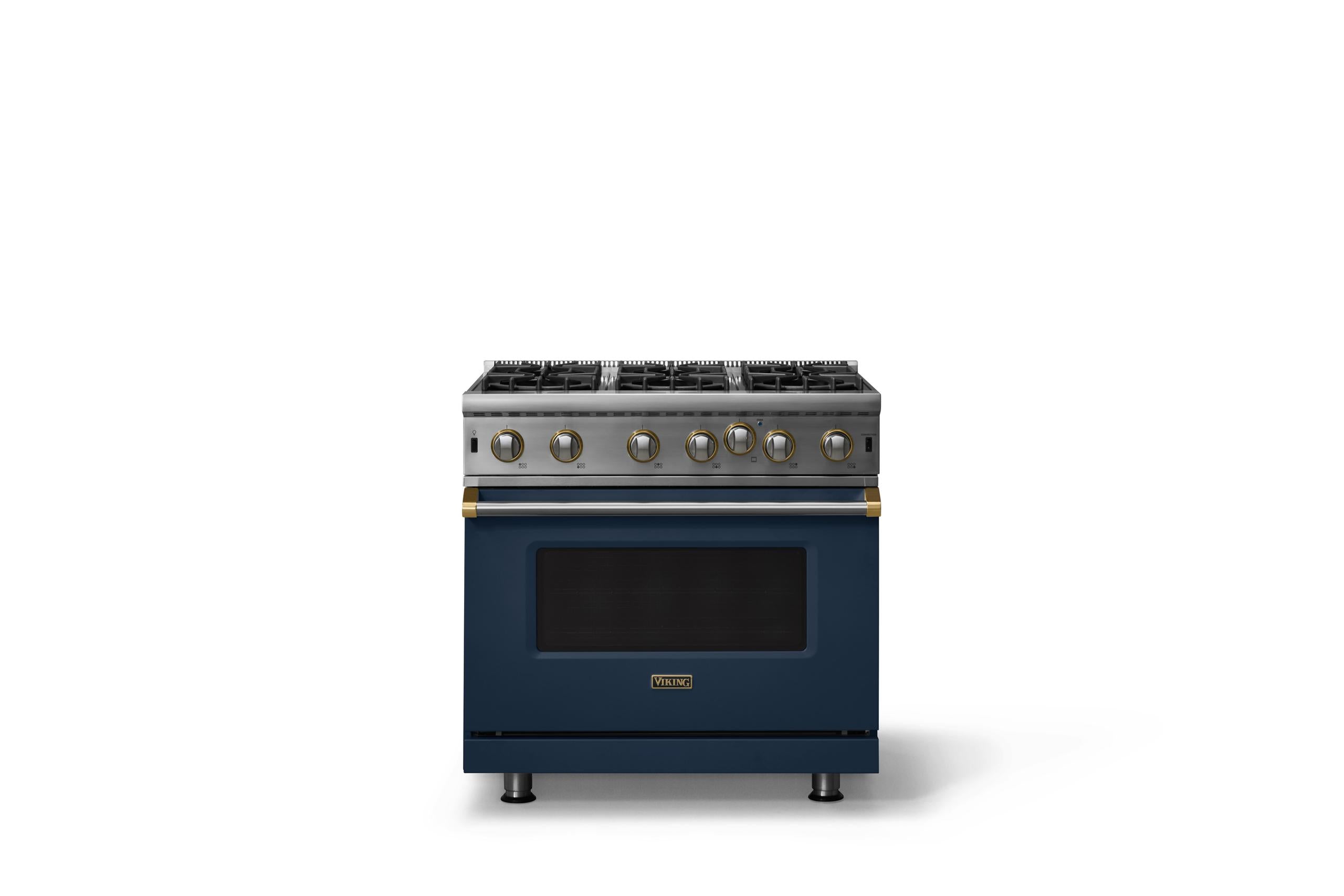 36"W. Open Burner Gas Range (Finish: Slate Blue, Trim: Brushed Brass, Fuel: Natural Gas)