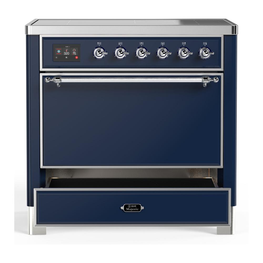ILVE UMIB36QNR3MBC Majestic III 36 inch Induction Range with 6 Elements, 3.5 cu. ft. Total Oven Capacity (Solid Door, Midnight Blue, Chrome)