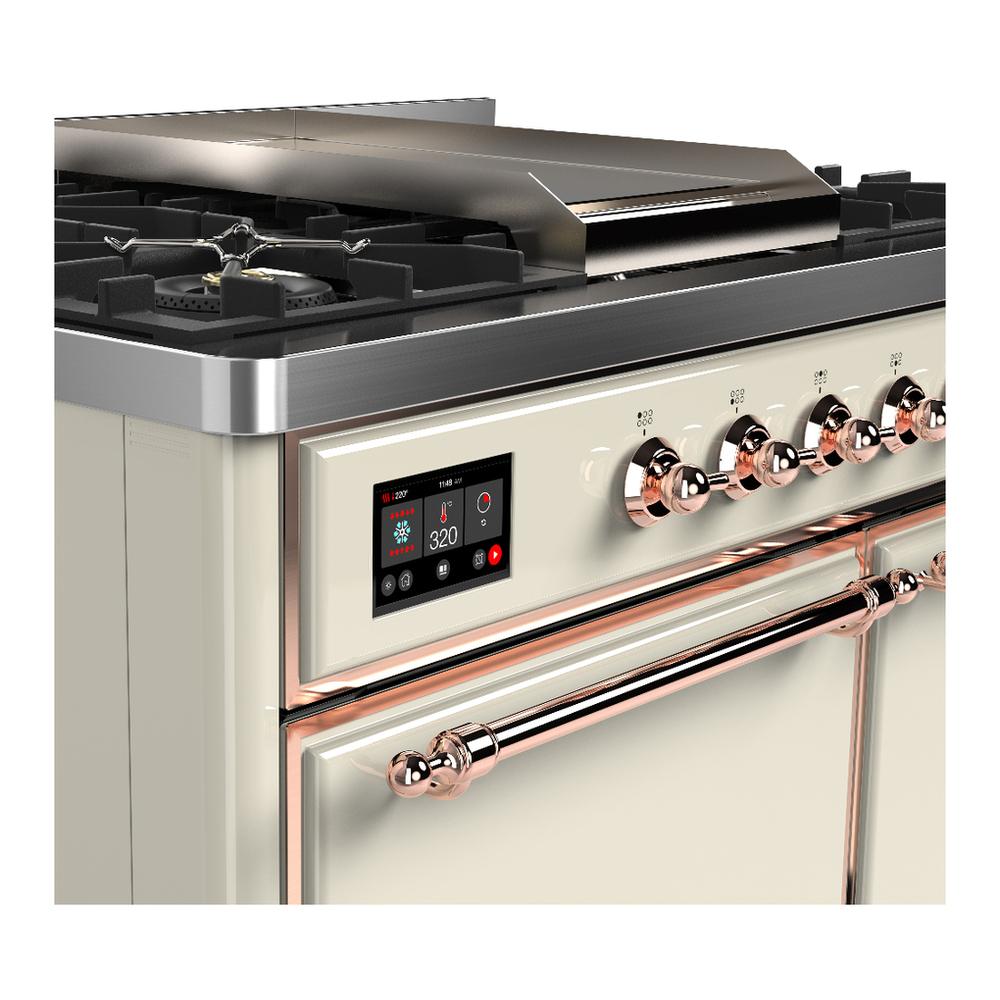 ILVE UMD40FQNR3AWP Majestic III 40 inch Dual Fuel Range with 6 Burners and Griddle, Dual Function Burner up to 25,000 BTU (Natural Gas, Solid Door, Antique White, Copper)