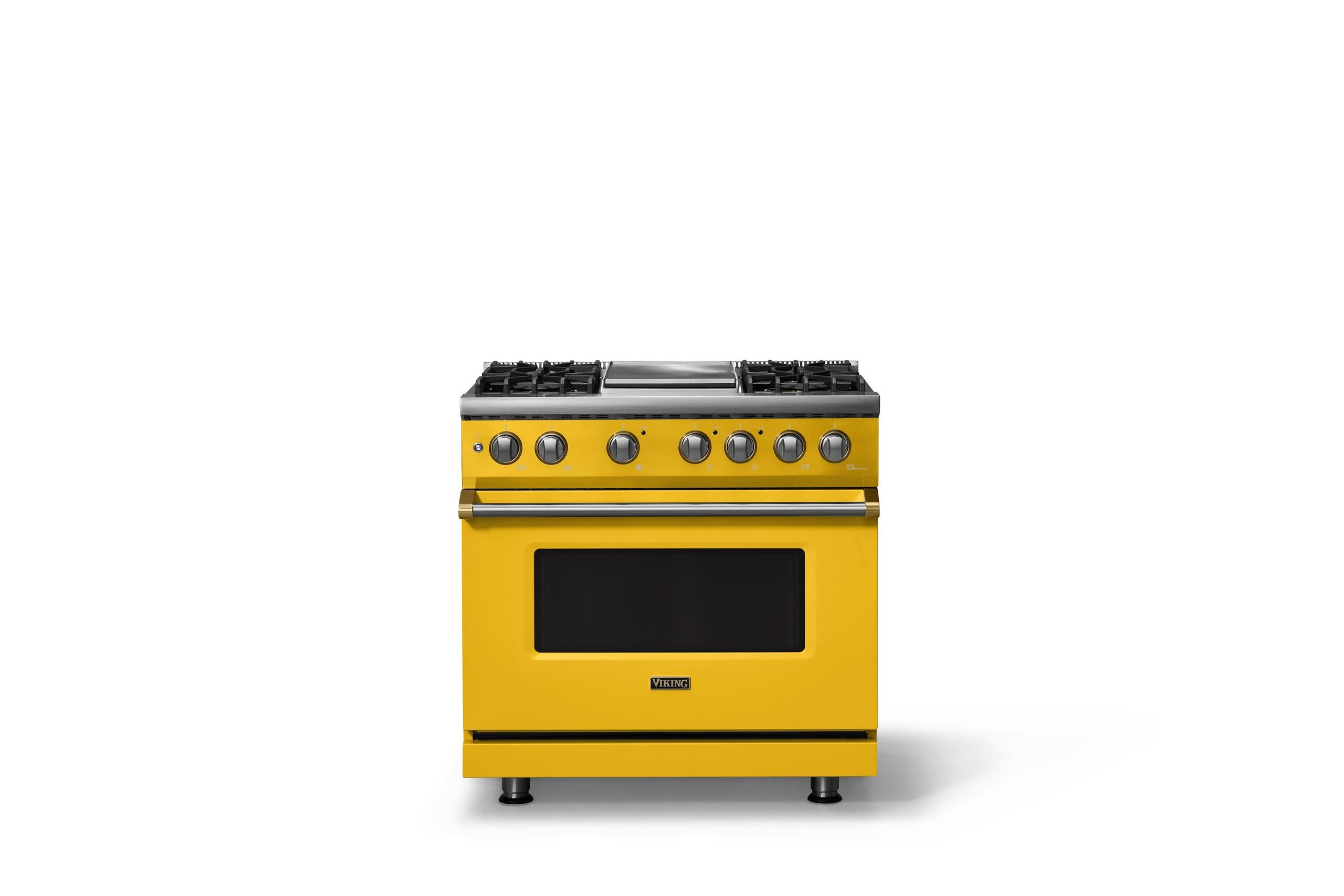 36"W. Dual Fuel Range (Burner: 4g, Finish: Daffodil, Trim: Brushed Brass, Fuel: Natural Gas)