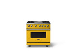 36"W. Dual Fuel Range (Burner: 4g, Finish: Daffodil, Trim: Brushed Brass, Fuel: Propane)