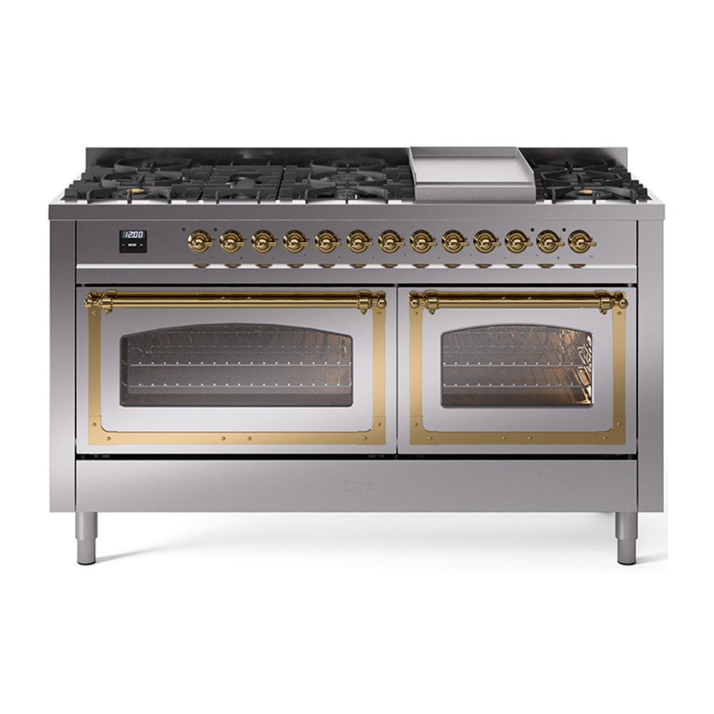 ILVE UN60FNMPSSGLP Nostalgie II Noblesse 60 inch Dual Fuel Range (9 Sealed Burners + Griddle, Liquid Propane, Triple Glass Door, Stainless Steel, Brass)