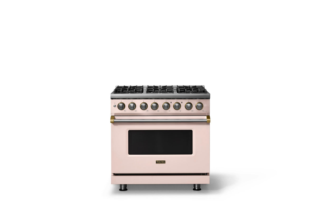 36"W. Dual Fuel Range (Burner: 6b, Finish: Blush, Trim: Brushed Brass, Fuel: Natural Gas)