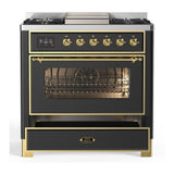 ILVE UM36FNR3MGGLP Majestic III 36 inch Dual Fuel Range with 6 Black Brass Burners and Griddle, Dual Function Burner up to 25,000 BTU (Triple Glass Door, Graphite Matte, Brass, Liquid Propane)