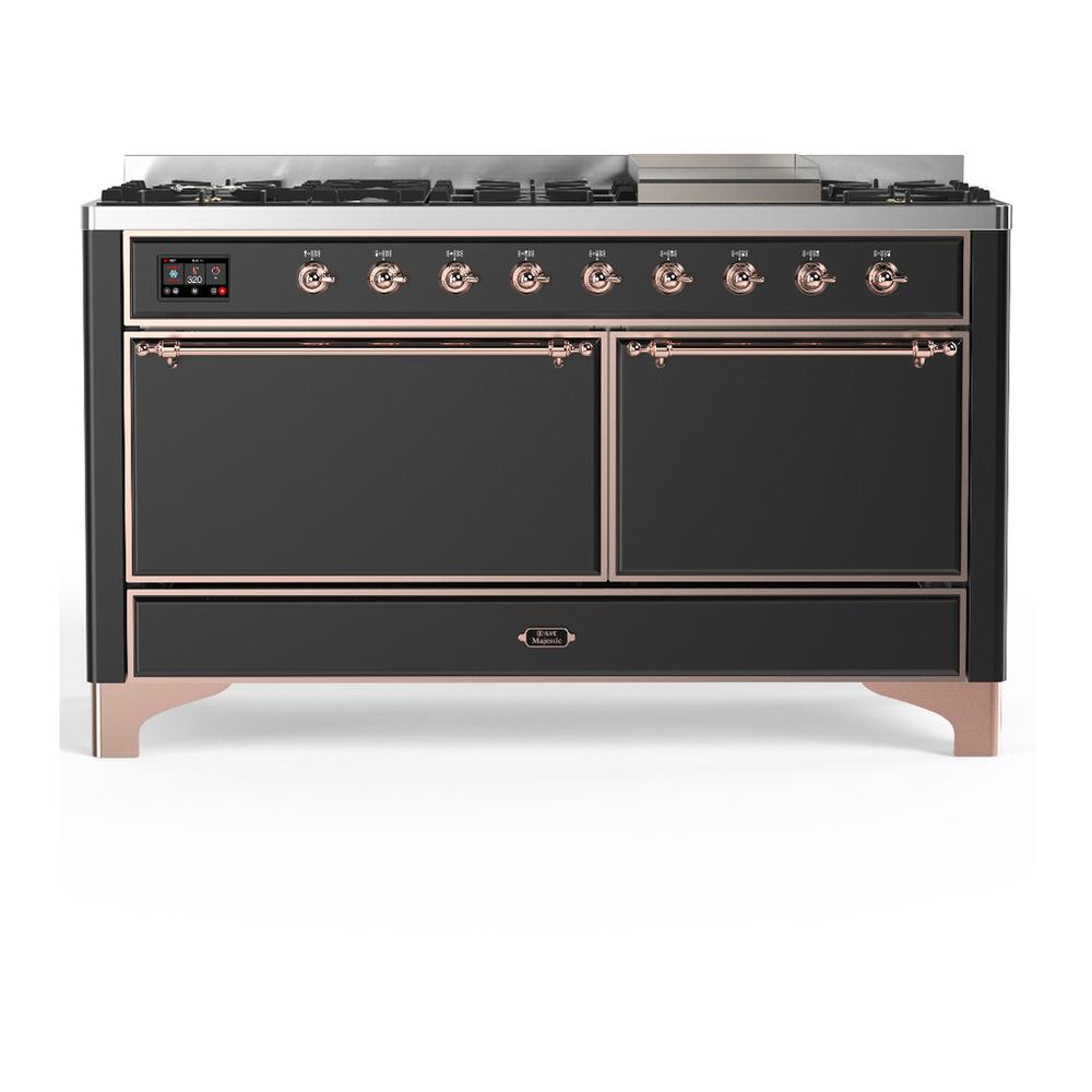 ILVE UM60FQNR3MGPLP Majestic III 60 inch Dual Fuel Range with 9 Burners and Griddle, Dual Function Burner up to 25,000 BTU (Liquid Propane, Solid Door, Graphite Matte, Copper)