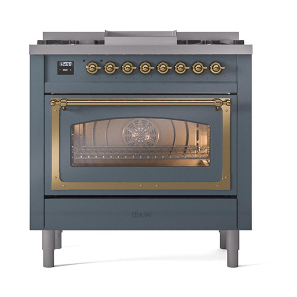 ILVE UN36FNMPBGGLP Nostalgie II Noblesse 36 inch Dual Fuel Range (Liquid Propane, Triple Glass Door, Blue Grey, Brass)