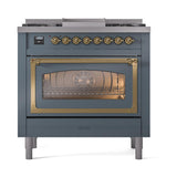 ILVE UN36FNMPBGGLP Nostalgie II Noblesse 36 inch Dual Fuel Range (Liquid Propane, Triple Glass Door, Blue Grey, Brass)