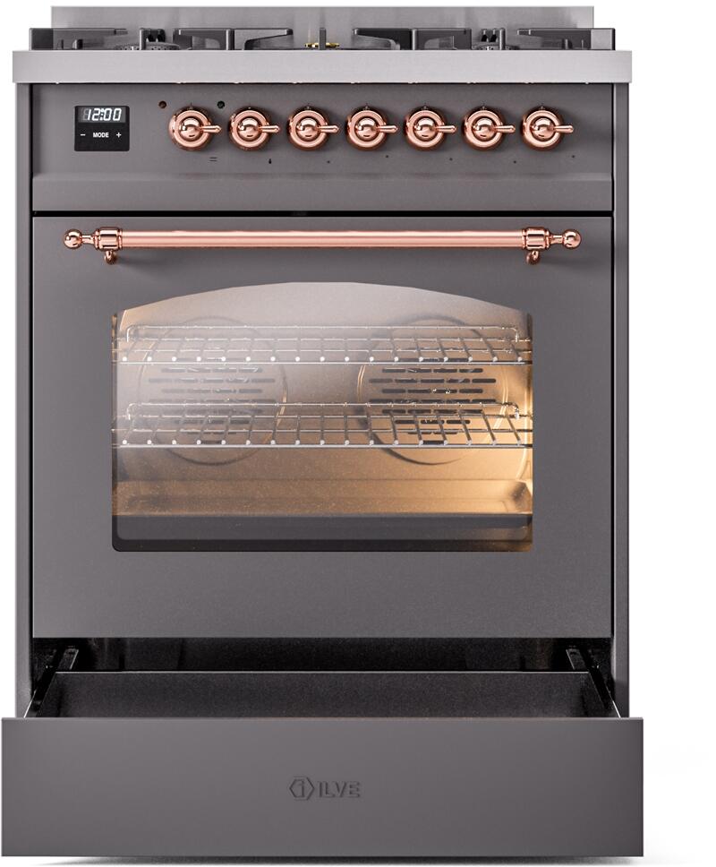 Nostalgie II 30 Inch Dual Fuel Natural Gas Freestanding Range in Matte Graphite with Copper Trim