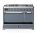 ILVE UM48FQNR3BGCLP Majestic III 48 inch Dual Fuel Range with 8 Burners and Griddle, Dual Function Burner up to 25,000 BTU (Liquid Propane, Solid Door, Blue Grey, Chrome)