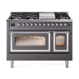 ILVE UN48FNMPMGC Nostalgie II Noblesse 48 inch Dual Fuel Range (8 Sealed Burners + Griddle, Natural Gas, Triple Glass Door, Graphite Matte, Chrome)