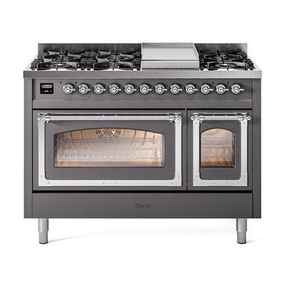ILVE UN48FNMPMGC Nostalgie II Noblesse 48 inch Dual Fuel Range (8 Sealed Burners + Griddle, Natural Gas, Triple Glass Door, Graphite Matte, Chrome)