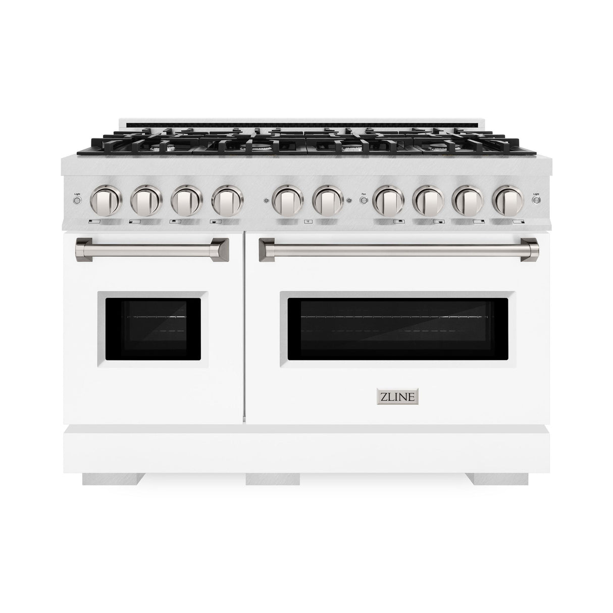 ZLINE 48 in. 6.7 cu. ft. Classic Double Oven Gas Range with 8 Burner Cooktop in DuraSnow' Stainless Steel with White Matte Doors (CGRS-WM-48)