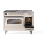 ILVE UN48FSNMPAWCLP Nostalgie II Noblesse 48 inch Dual Fuel Range (5 Sealed Burners + Griddle + French Top, Liquid Propane, Triple Glass Door, Antique White, Chrome)