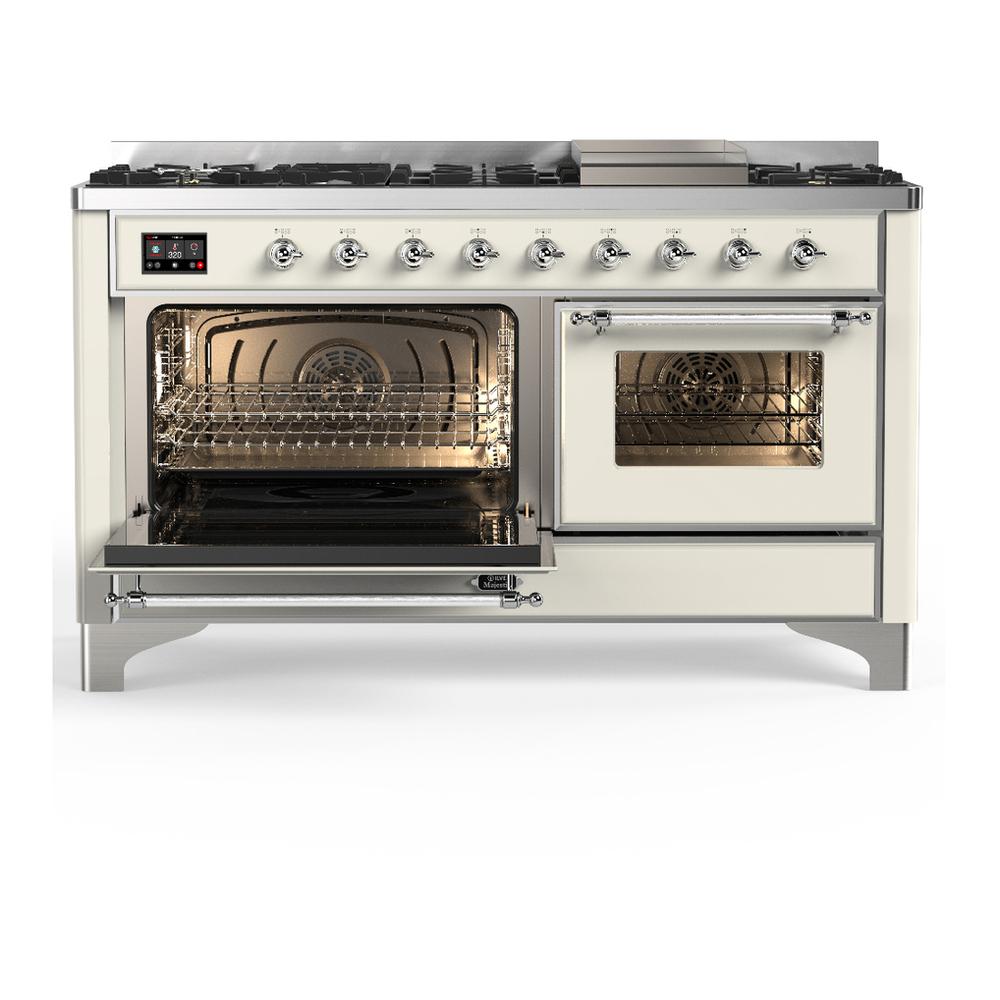 ILVE UM60FNR3AWC Majestic III 60 inch Dual Fuel Range with 9 Burners and Griddle, Dual Function Burner up to 25,000 BTU (Natural Gas, Triple Glass Door, Antique White, Chrome)
