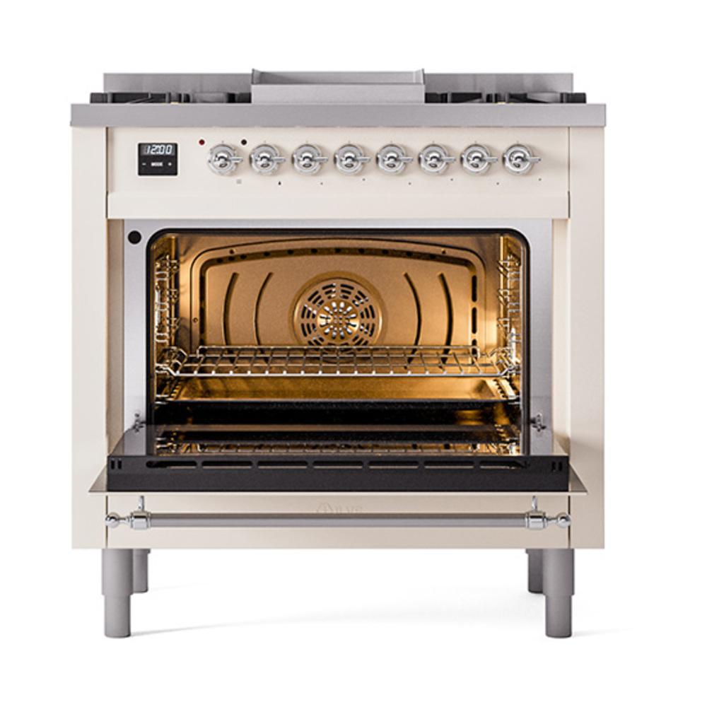 ILVE UN36FQNMPAWCLP Nostalgie II Noblesse 36 inch Dual Fuel Range (Liquid Propane, Solid Door, Antique White, Chrome)
