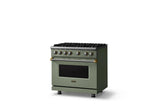 36"W. Sealed Burner Gas Range (Burner: 6b, Finish: Eucalyptus, Trim: Brushed Brass, Fuel: Propane)