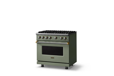36"W. Sealed Burner Gas Range (Burner: 6b, Finish: Eucalyptus, Trim: Brushed Brass, Fuel: Natural Gas)