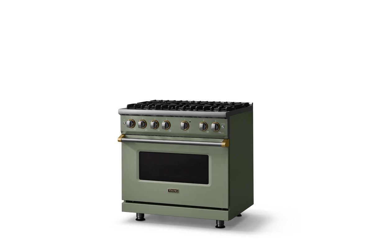 36"W. Sealed Burner Gas Range (Burner: 6b, Finish: Eucalyptus, Trim: Polished Chrome, Fuel: Propane)