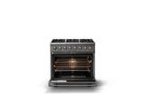 36"W. Dual Fuel Range (Burner: 6b, Finish: Damascus Gray, Trim: Polished Chrome, Fuel: Natural Gas)