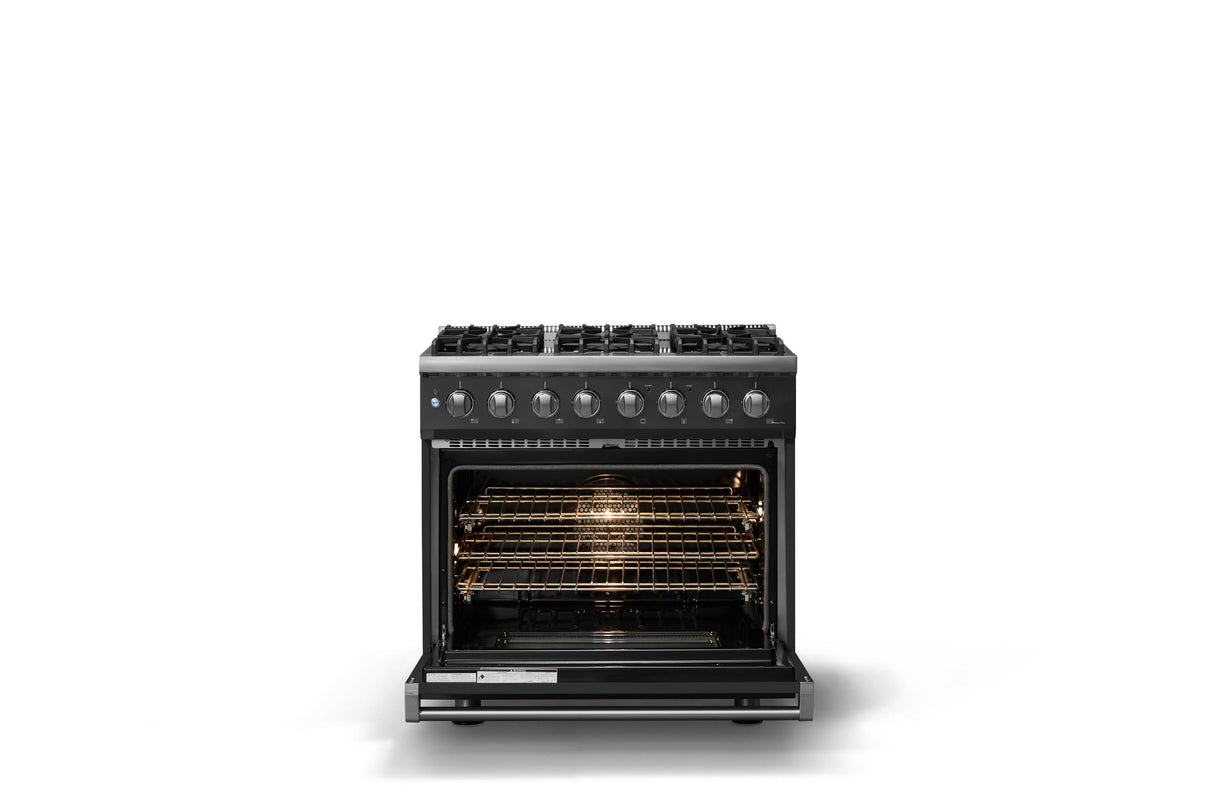 36"W. Dual Fuel Range (Burner: 6b, Finish: Antique Bronze, Trim: Polished Chrome, Fuel: Natural Gas)