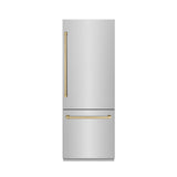 ZLINE Autograph Edition 30 in. 16.1 cu. ft. Built-In Bottom Freezer Refrigerator with Water Dispenser and Ice Maker in Stainless Steel with Graphite Gray Interior and Champagne Bronze Accents (GRBIVZ-304-30CB)