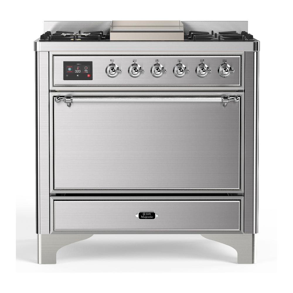 ILVE UM36FQNR3SSC Majestic III 36 inch Dual Fuel Range with 6 Black Brass Burners and Griddle, Dual Function Burner up to 25,000 BTU (Solid Door, Stainless Steel, Chrome, Natural Gas)