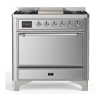 ILVE UM36FQNR3SSC Majestic III 36 inch Dual Fuel Range with 6 Black Brass Burners and Griddle, Dual Function Burner up to 25,000 BTU (Solid Door, Stainless Steel, Chrome, Natural Gas)