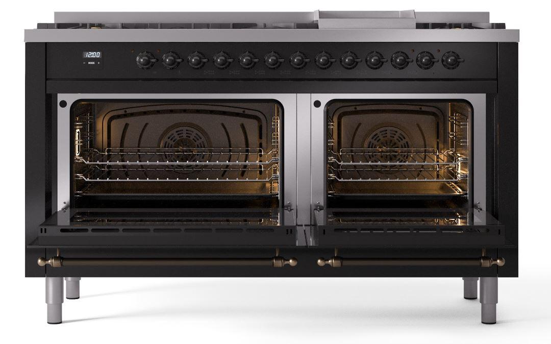 Nostalgie II 60 Inch Dual Fuel Liquid Propane Freestanding Range in Glossy Black with Bronze Trim
