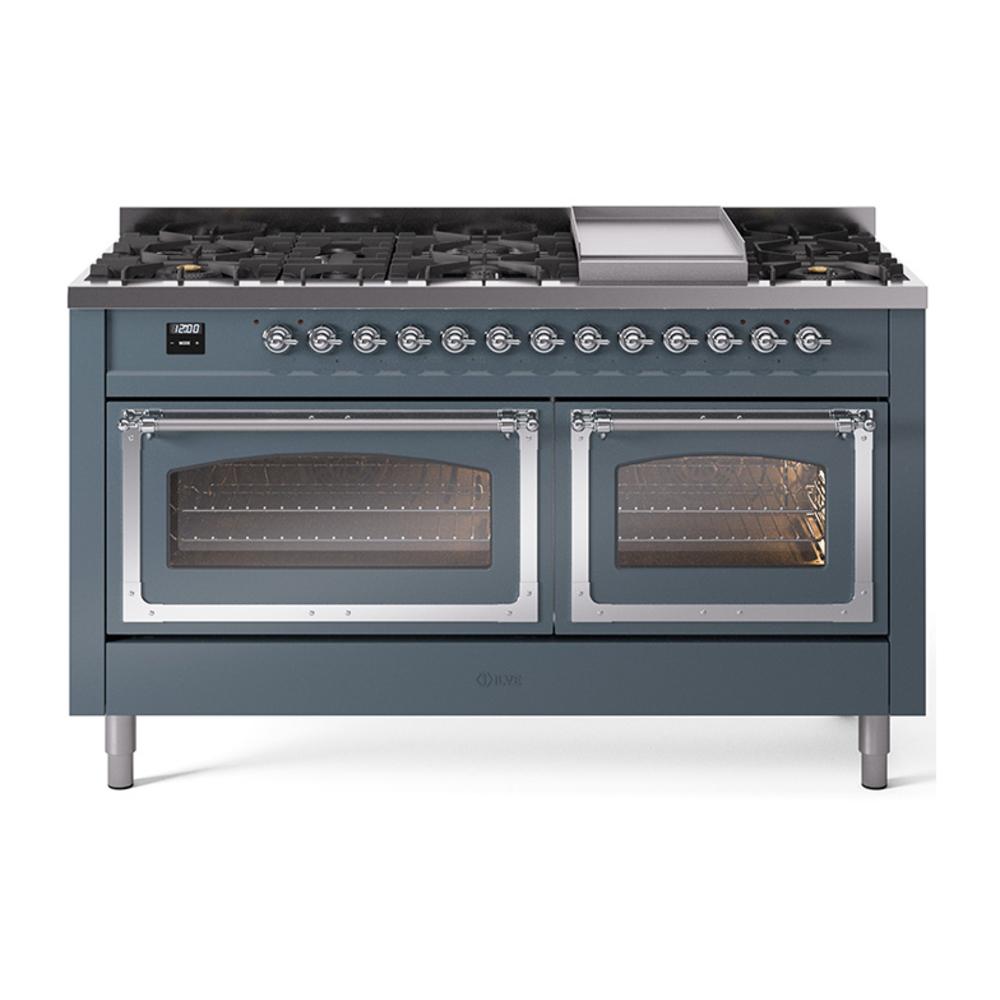 ILVE UN60FNMPBGC Nostalgie II Noblesse 60 inch Dual Fuel Range (9 Sealed Burners + Griddle, Natural Gas, Triple Glass Door, Blue Grey, Chrome)