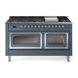 ILVE UN60FNMPBGC Nostalgie II Noblesse 60 inch Dual Fuel Range (9 Sealed Burners + Griddle, Natural Gas, Triple Glass Door, Blue Grey, Chrome)