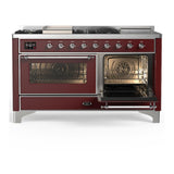 ILVE UM60FSNR3BUCLP Majestic III 60 inch Dual Fuel Range with 7 Burners, Griddle and French Top, Dual Function Burner with up to 25,000 BTU (Liquid Propane, Triple Glass Door, Burgundy, Chrome)