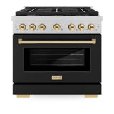 ZLINE Autograph Edition 36 in. 5.2 cu. ft. Paramount Dual Fuel Range with 6 Burner Gas Cooktop and Electric Convection Oven in DuraSnow' Stainless Steel with Black Matte Door and Polished Gold Accents (SDRSZ-BLM-36-G)