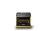 36"W. Open Burner Gas Range (Finish: Daffodil, Trim: Brushed Brass, Fuel: Natural Gas)