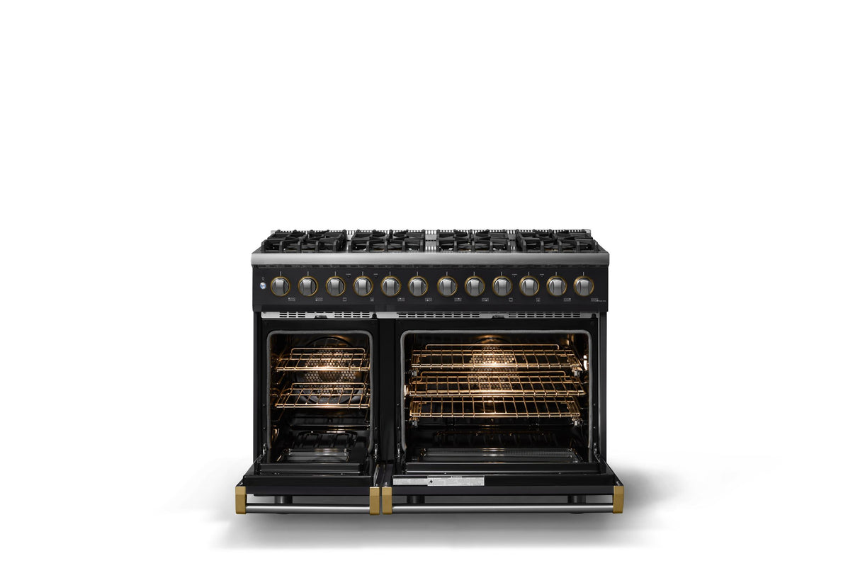 48"W. Dual Fuel Range (Burner: 8b, Finish: Onyx, Trim: Brushed Brass, Fuel: Propane)