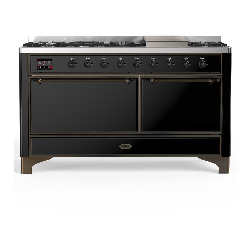 ILVE UM60FQNR3BKBLP Majestic III 60 inch Dual Fuel Range with 9 Burners and Griddle, Dual Function Burner up to 25,000 BTU (Liquid Propane, Solid Door, Glossy Black, Burnished)