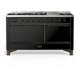 ILVE UM60FQNR3BKBLP Majestic III 60 inch Dual Fuel Range with 9 Burners and Griddle, Dual Function Burner up to 25,000 BTU (Liquid Propane, Solid Door, Glossy Black, Burnished)