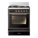 ILVE UM30NR3BKP Majestic III 30 inch Dual Fuel Range with 5 Black Brass Burners, Dual Function Burner up to 25,000 BTU (Natural Gas, Triple Glass Door, Glossy Black, Copper)