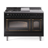 ILVE UN48FSNMPBKBLP Nostalgie II Noblesse 48 inch Dual Fuel Range (5 Sealed Burners + Griddle + French Top, Liquid Propane, Triple Glass Door, Glossy Black, Burnished)